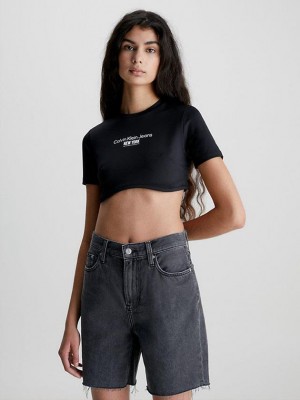 Black Calvin Klein Cropped Bustier Women T-Shirt | XRUV-82149