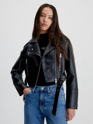 Black Calvin Klein Cropped Faux Leather Biker Women Jacket | LKPW-13968