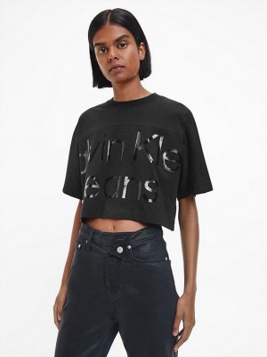 Black Calvin Klein Cropped Gloss Logo Women T-Shirt | HVIP-36512
