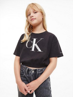 Black Calvin Klein Cropped Logo Girls's T-Shirt | LRTM-92310