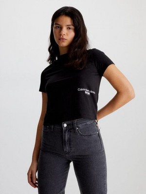 Black Calvin Klein Cropped Logo Women T-Shirt | HGQI-21753