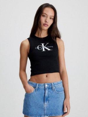 Black Calvin Klein Cropped Monogram Tank Women Top | KEJI-07956