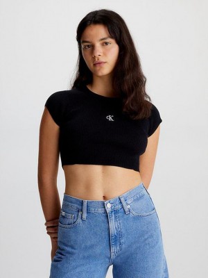 Black Calvin Klein Cropped Open Back Knit Women Top | WHBD-58307
