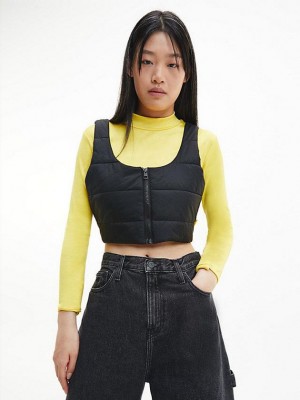 Black Calvin Klein Cropped Puffer Tank Women Top | CBKV-24938