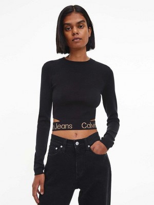 Black Calvin Klein Cut Out Logo Tape Jumper Women Sweater | JSLH-41729