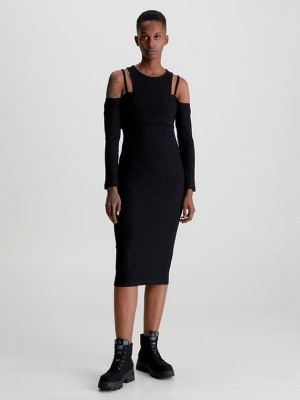 Black Calvin Klein Double Layer Cut Out Midi Women Dress | YALM-30685