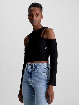 Black Calvin Klein Double Layer Cut Out Women Top | SGVD-58692