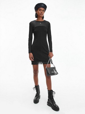 Black Calvin Klein Double Layer Mesh Bodycon Women Dress | USNM-78512