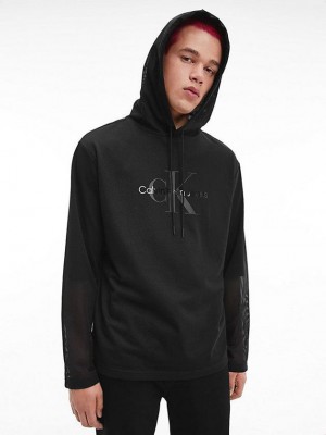 Black Calvin Klein Double Layer Mesh Men Hoodie | MFUY-94175