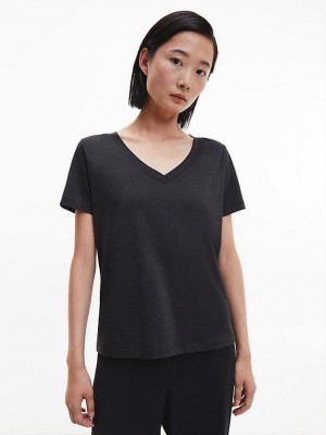 Black Calvin Klein Essential V-Neck Women T-Shirt | NJIK-04218