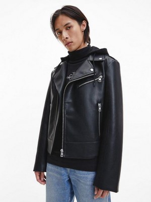 Black Calvin Klein Faux Leather Hooded Biker Men Jacket | FNMY-59243