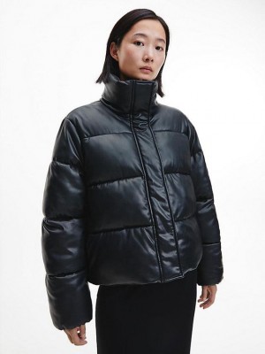 Black Calvin Klein Faux Leather Puffer Women Jacket | EFJP-12598