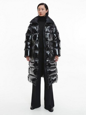 Black Calvin Klein Glossy Nylon Down Puffer Women Coat | FEJQ-95867