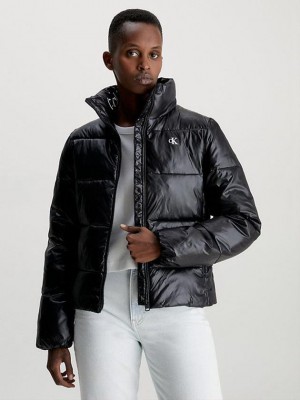 Black Calvin Klein Glossy Puffer Women Jacket | OKWM-21804