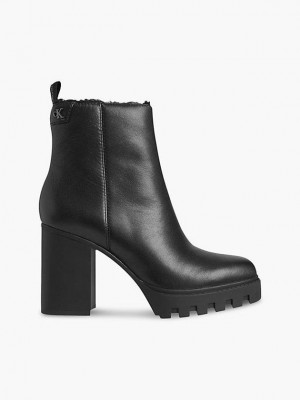 Black Calvin Klein Heeled Leather Women Boots | DMZE-31596