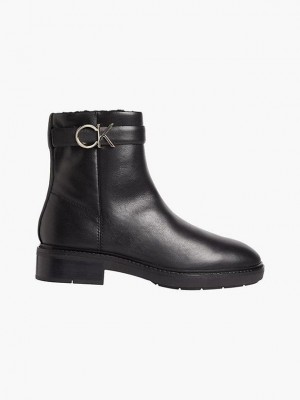 Black Calvin Klein Leather Ankle Women Boots | RKCB-35612