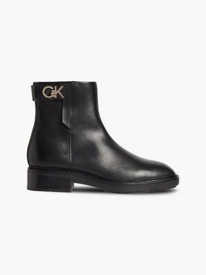 Black Calvin Klein Leather Ankle Women Boots | BWAC-54621