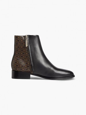 Black Calvin Klein Leather Ankle Women Boots | EMOA-50173