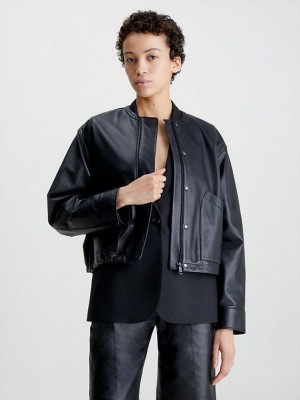 Black Calvin Klein Leather Bomber Women Jacket | FIKQ-15870