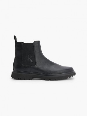 Black Calvin Klein Leather Chelsea Men Boots | PYGQ-71926