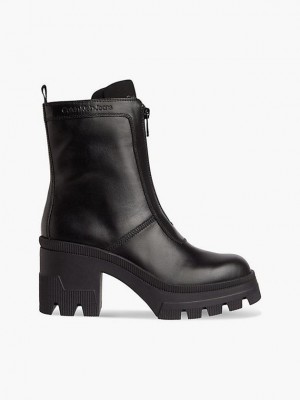 Black Calvin Klein Leather Chunky Heeled Women Boots | PSDZ-42380