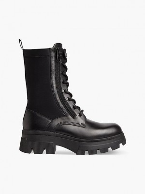 Black Calvin Klein Leather Chunky Platform Women Boots | WKUY-13789