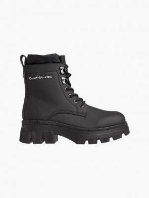 Black Calvin Klein Leather Chunky Platform Women Boots | AYUL-47926