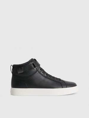 Black Calvin Klein Leather High-Top Men Sneakers | SROM-26459