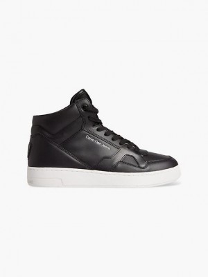 Black Calvin Klein Leather High-Top Men Sneakers | REPO-36425