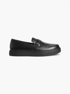 Black Calvin Klein Leather Hybrid Loafers Men Slip On | DSQZ-81953
