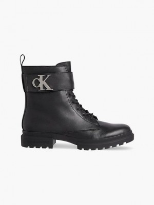 Black Calvin Klein Leather Lace-Up Women Boots | NIVP-10468