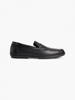 Black Calvin Klein Leather Loafers Men Slip On | OMZD-86052