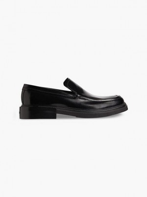 Black Calvin Klein Leather Loafers Men Slip On | CVRN-74926