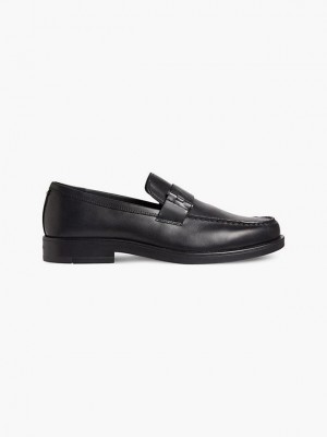Black Calvin Klein Leather Loafers Men Slip On | ELJF-56843