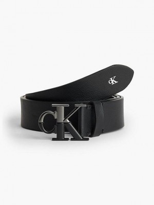 Black Calvin Klein Leather Logo Men Belt | MKIL-32017