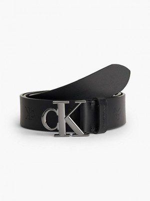 Black Calvin Klein Leather Logo Men Belt | PIBL-60935
