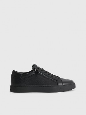 Black Calvin Klein Leather Logo Men Sneakers | DMUC-16854