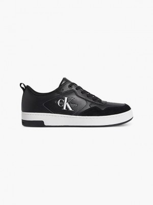 Black Calvin Klein Leather Logo Men Sneakers | GTJW-19054