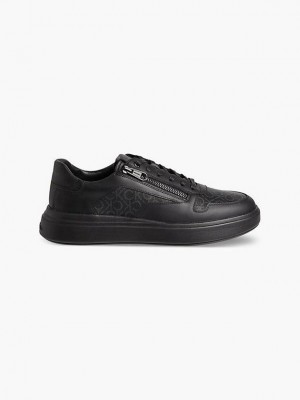 Black Calvin Klein Leather Logo Men Sneakers | NWBK-34571