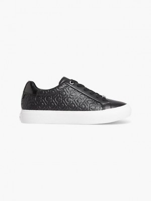 Black Calvin Klein Leather Logo Women Sneakers | ZRWN-20846