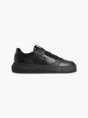Black Calvin Klein Leather Men Sneakers | SXKC-05487