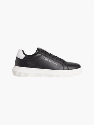 Black Calvin Klein Leather Men Sneakers | ENFU-28316