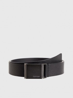 Black Calvin Klein Leather Plaque Buckle Men Belt | OWTQ-21809