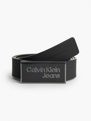 Black Calvin Klein Leather Plaque Buckle Men Belt | SYAZ-16823