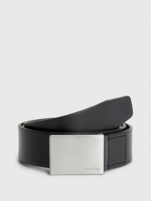 Black Calvin Klein Leather Plaque Men Belt | TPGN-28073