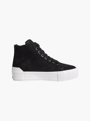 Black Calvin Klein Leather Platform Hight-Top Women Sneakers | ZAKH-69207