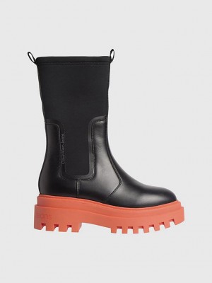 Black Calvin Klein Leather Platform Women Boots | XLNP-07891