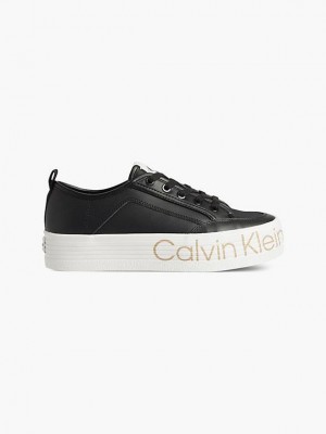 Black Calvin Klein Leather Platform Women Sneakers | PFKB-03678
