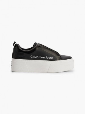 Black Calvin Klein Leather Platform Women Sneakers | ADWR-27089