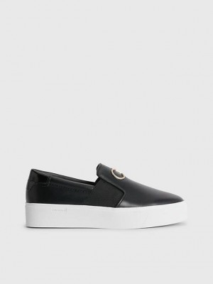 Black Calvin Klein Leather Platform Women Slip On | YECG-51274